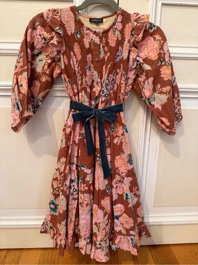 BONJOUR DIARIES Girls' Rust Floral Dress with Pink Blooms sz 10